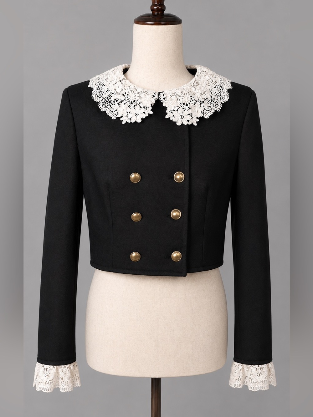 NWT Lace Collar Wednesday Double-Breasted Black Cropped Jacket blazer- 6